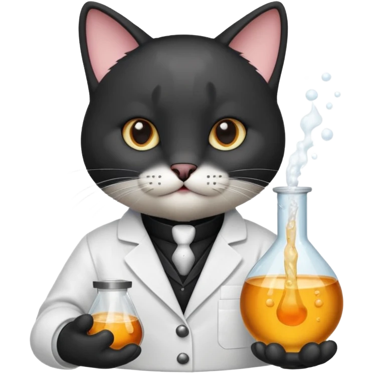 Sleek cat wearing a white coat, paw on a bubbling flask. emoji