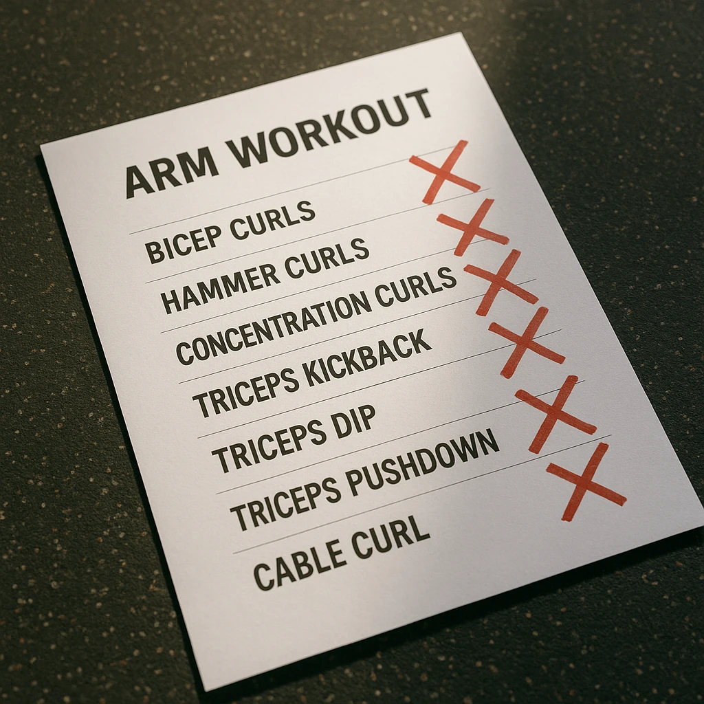 Top view of an arm workout exercise list with red X marks on incorrect exercises, hyperrealistic style, 4K quality, realistic gym atmosphere with natural lighting. emoji