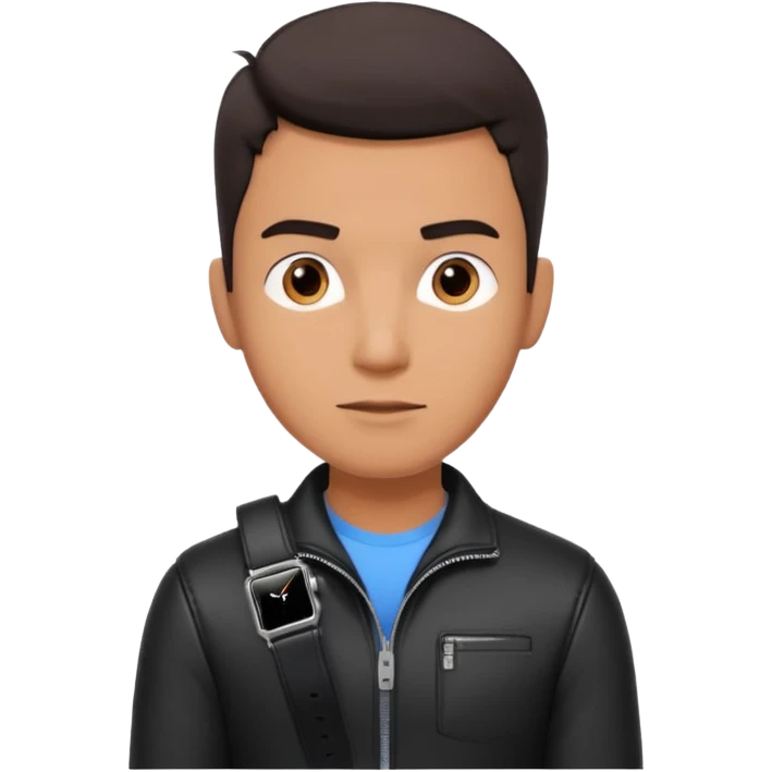 man wearing a black strap watch portrait, head and shoulders only, black leather strap wristwatch visible, casual outfit, confident expression, modern style, 3D cartoon, mobile game icon style, clean background, no text, no watermark
 emoji