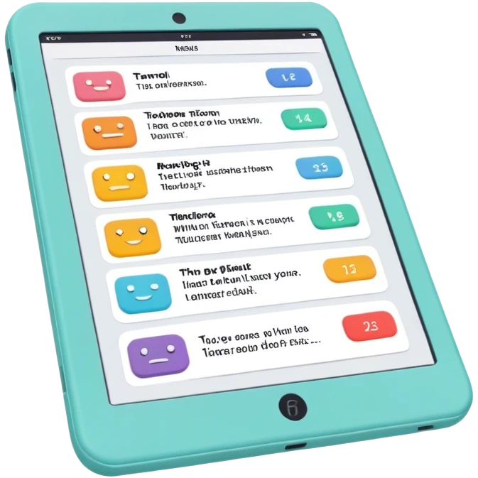Create an emoji representing fanfiction writing. The design should feature a digital device tablet with visible text, symbolizing the creative process of writing fanfiction. Add a subtle reference to popular fictional characters or universes to indicate the fan aspect. Use a playful, imaginative color palette, blending vibrant tones with soft neutrals. Do not include any emojis or smiley faces. Make the background transparent. emoji