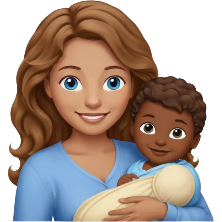Light brown wavy haired mom and blue eyeswith dark skinned newborn baby emoji