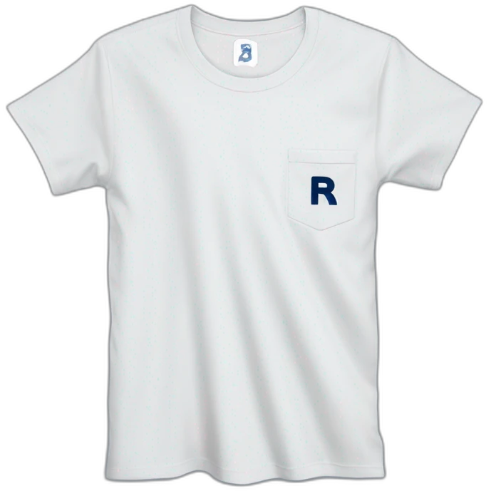white tshirt with navy letter r on breast pocket emoji