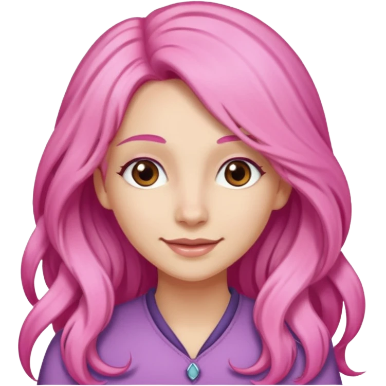 A light-skinned woman with long pink hair styled, brown eyes, and a gentle smile. emoji