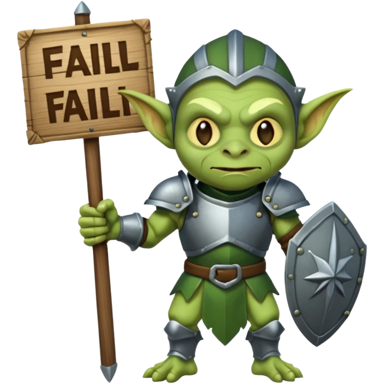 A glgreen colored goblin clad in armor holding a wooden sign that reads "Fail". emoji