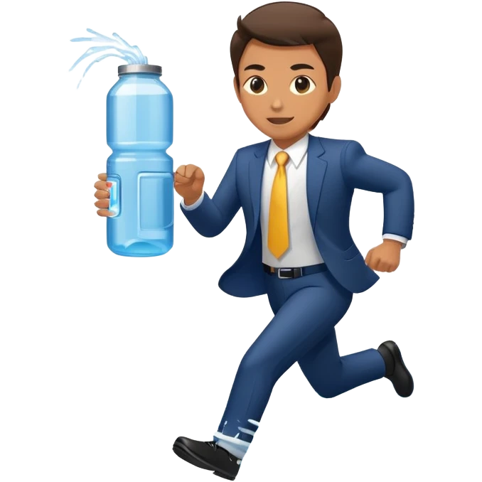 Business executive running marathon in suit next to water cooler emoji