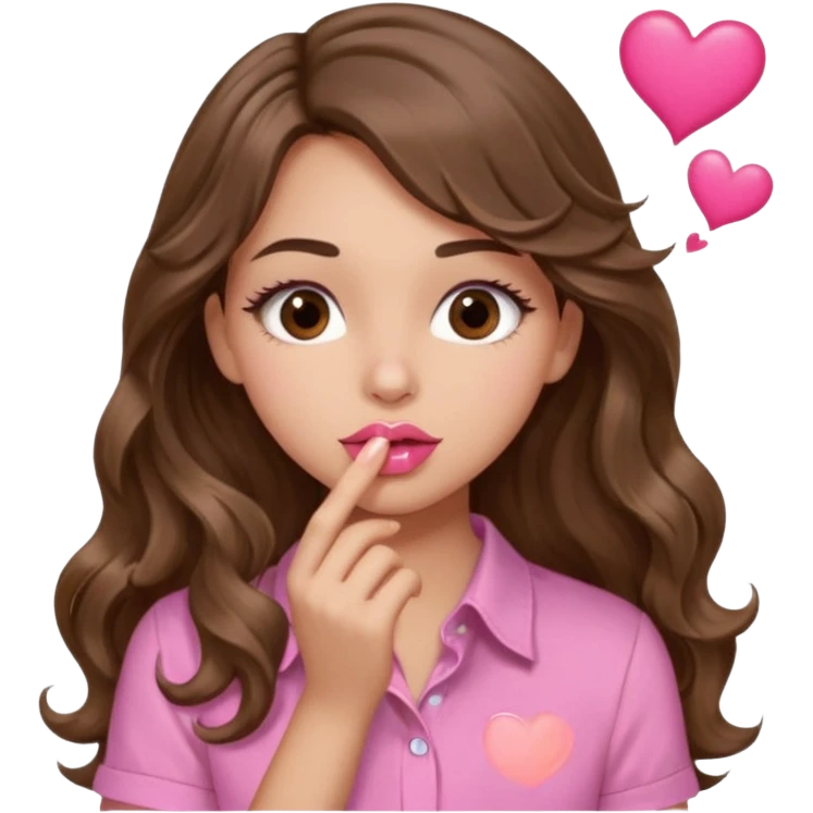 girl with long wavy brown hair, brown eyes, light to medium complexion, in a pink shirt, pink lips, long lashes, puckering up for a kiss, kiss lips and hearts in hand emoji