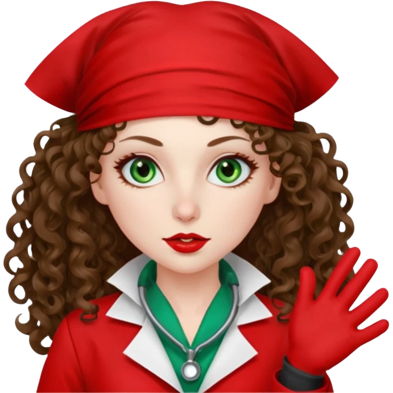 Spanish sexy evil woman. She has green eyes.  had brown long curly hair.  evil surgeon kills with needle wears red sexy doctor coat with red bandana on her mouth and nose to hide and wearing red gloves.  emoji