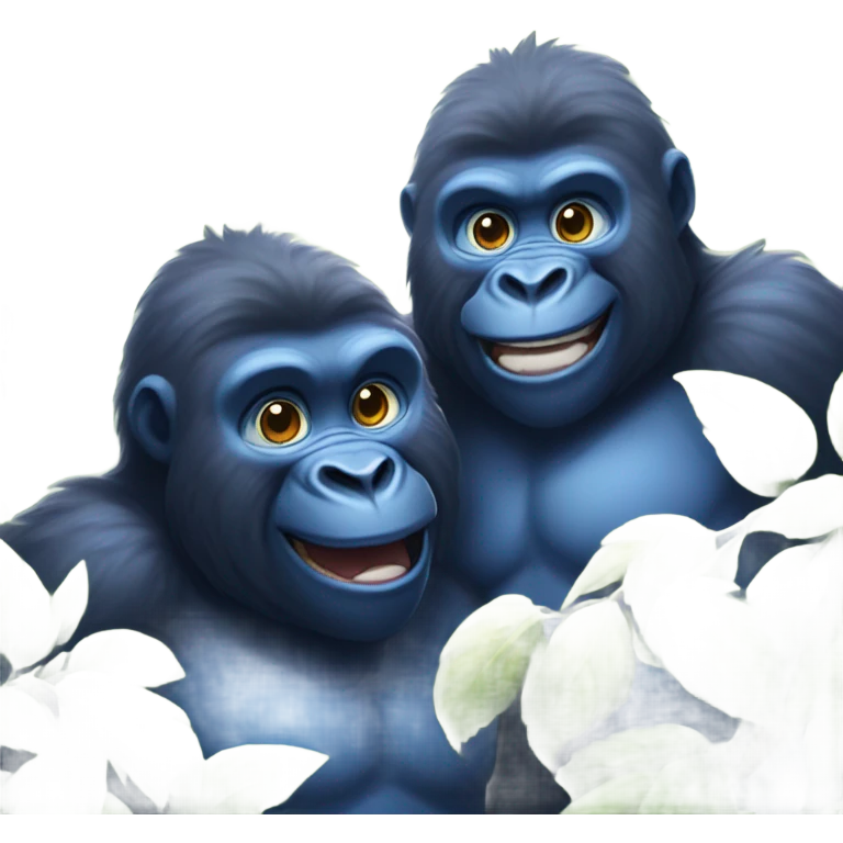 Two joyful blue fluffy gorilla brothers playing in a blueberry bush emoji