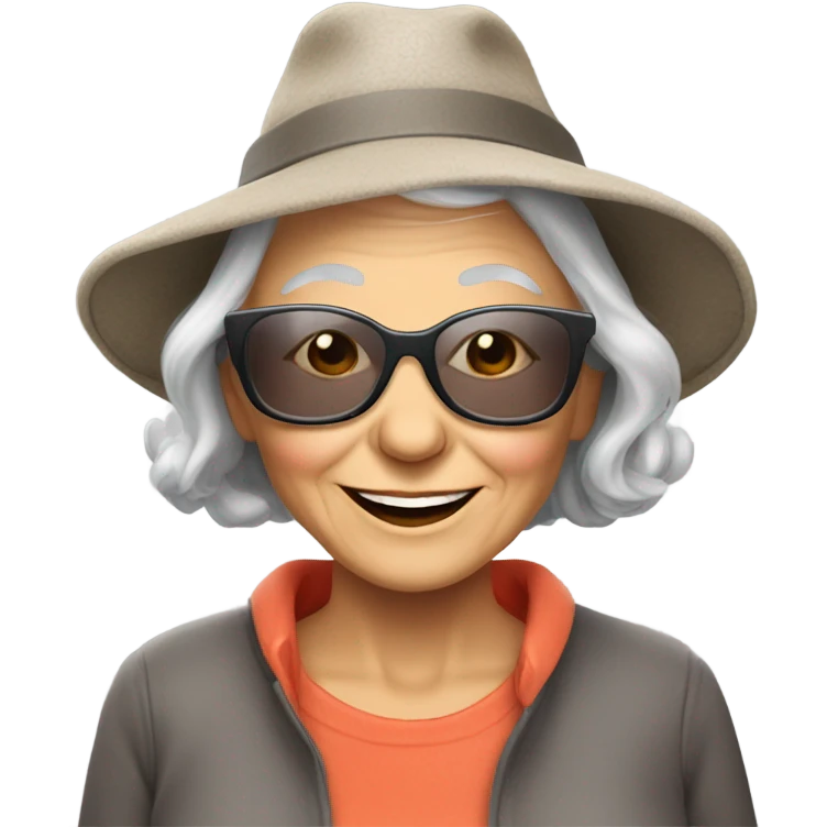 smiling younger grandma with hat and sunglasses , longer grey hair outdoors with a donkey emoji