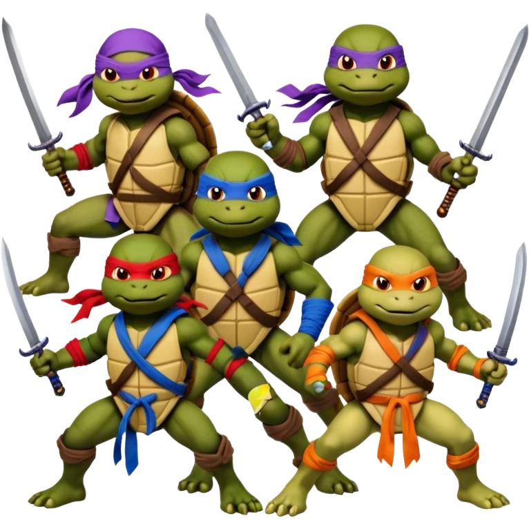 Vector emoji sticker of 4 Ninja Turtles: Leo (blue/swords), Raph (red/sais), Donnie (purple/staff), and Mikey (orange/nunchucks). Action poses, NYC rooftop, pizza box, bold comic style, white border. ONLY 4! emoji