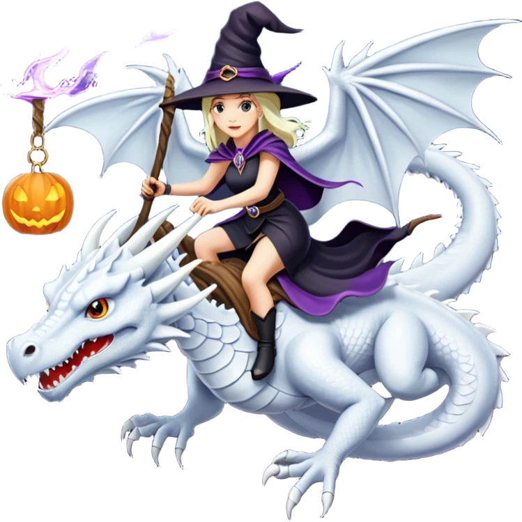 Big white dragon flying with a witchy female rider on top of it emoji
