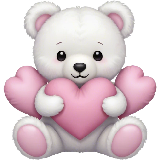 "A fluffy white teddy bear holding a heart-shaped pillow, adorned with a pink bow, dreamy aesthetic."
 emoji