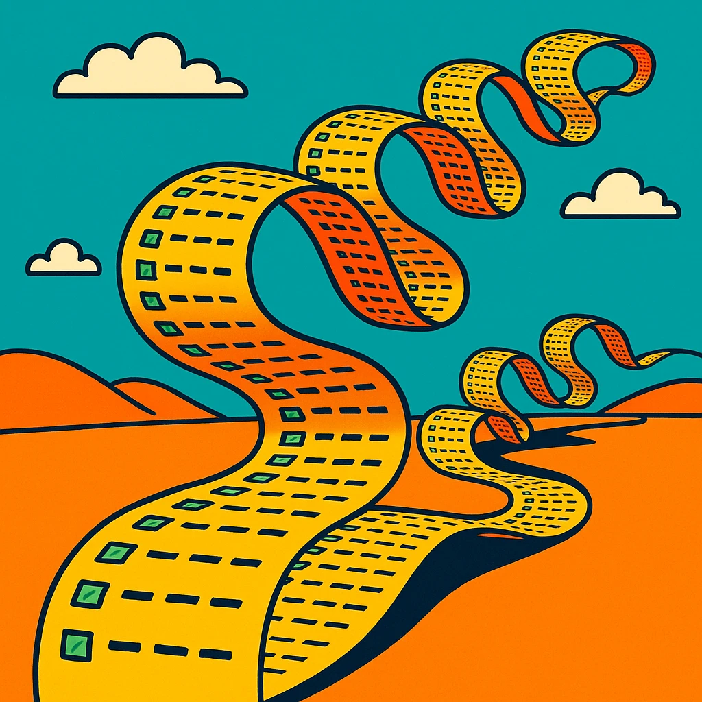 extremely long wavy to-do list with hundreds of tiny checkboxes, curling and looping like a cartoon snake, disappearing into the horizon, vibrant cartoon style emoji