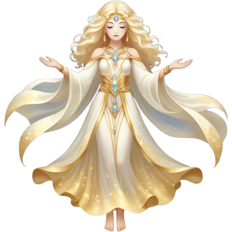 fullbody universe goddess Sophia, Ethereal Light Being, Made of starlight and fractals, Glowing white/gold skin with flowing translucent robes, Hair like galaxy mist, Jewelry made of stars and crystals emoji
