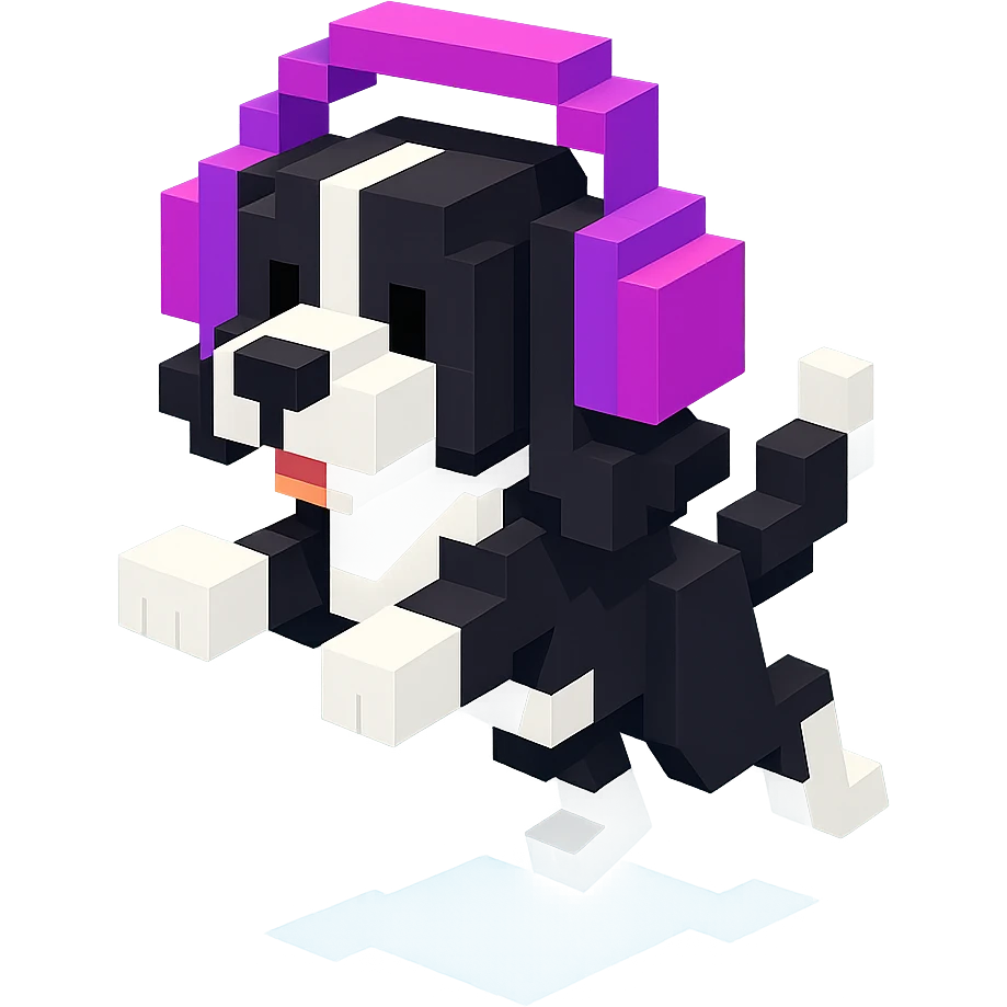 black and white Russian Cocker Spaniel puppy wearing headphones, jumping pose emoji