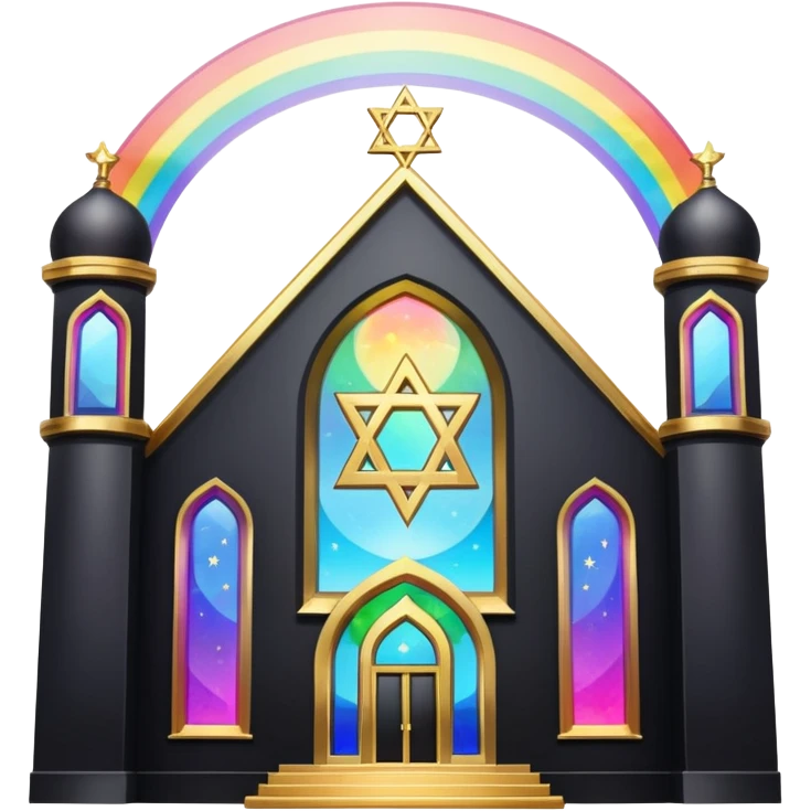 jewish synagogue temple in dark goth aesthetic style with black building and very light tint glass windows that are rainbow if looked at together. and star of david and celestial symbolism emoji