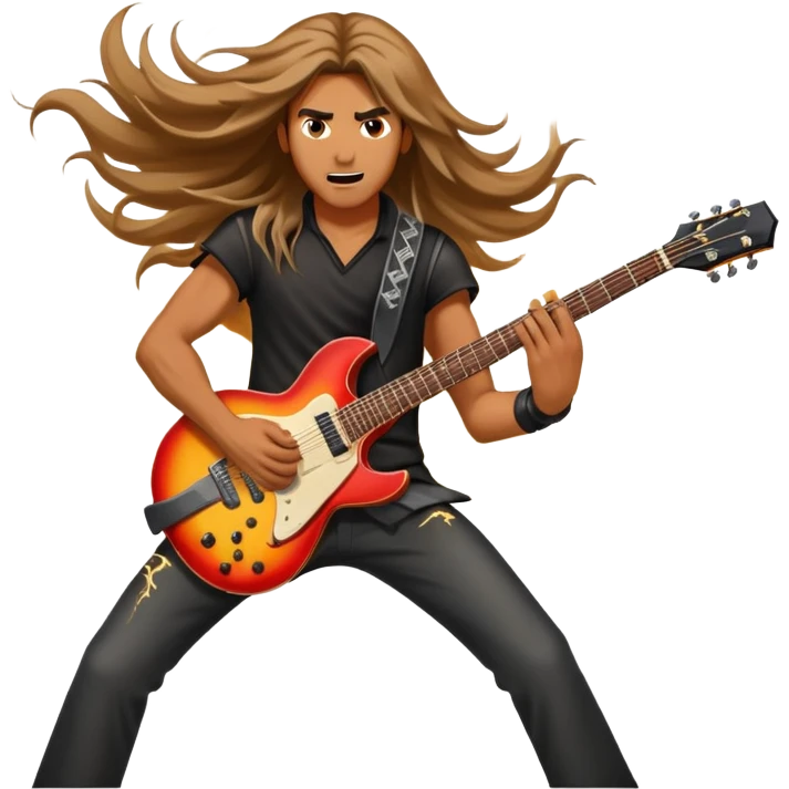 An icon showing a rock musician wielding a guitar in an epic battle, inspired by Brutal Legend. The design features fiery backgrounds, musical notes floating in the air, and electrifying stage lights, capturing the power of music and combat. Transparent background highlights the energy. emoji