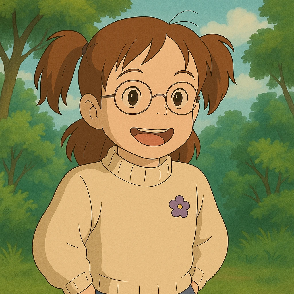 Transform the character Mei Mei from a red panda into a regular human girl, illustrated in the Ghibli style. Maintain the soft, detailed, and whimsical aesthetic typical of Ghibli films. emoji