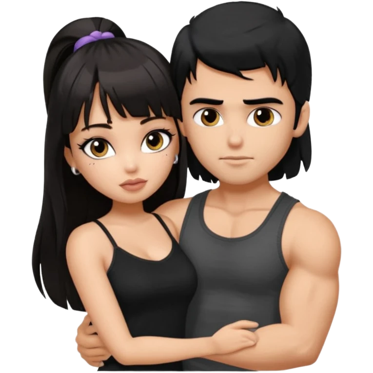generate a pretty bratz girl in black cami top, dark brown straight long hair with bangs, eyeliner on, 

hugging a handsome muscular boy with black hair and a grey tshirt emoji