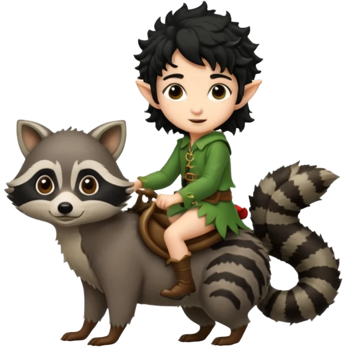 tiny forest elf with curly black hair riding raccoon emoji
