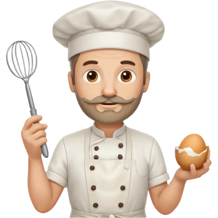 Middle aged male pastry chef - with a small beard, apron, white hat, holding an egg beater in one hand and naturally drooping in the other hand emoji
