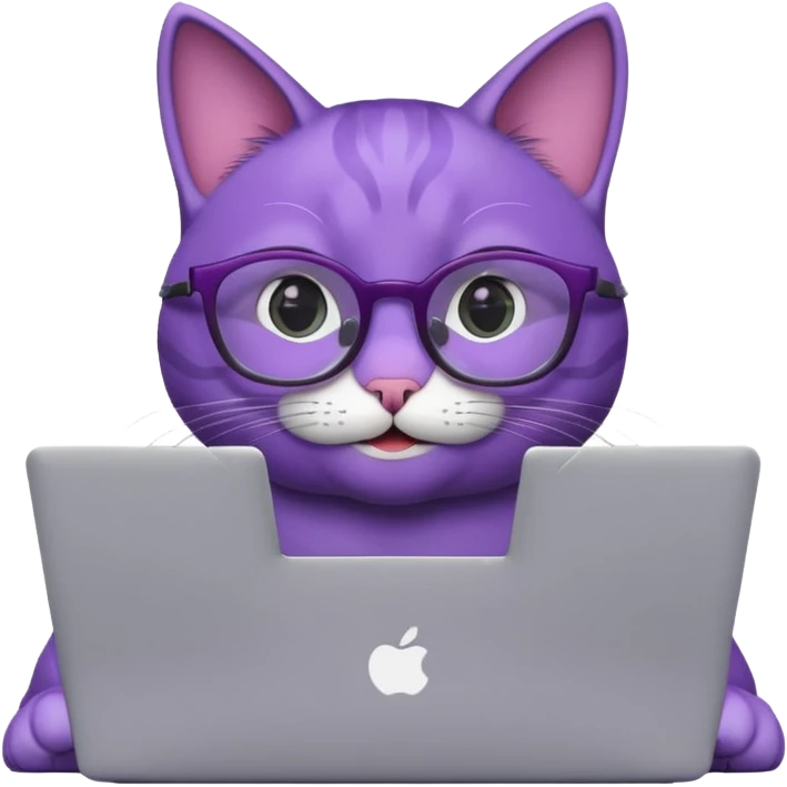 smart purple cat smiling in glasses with laptop emoji
