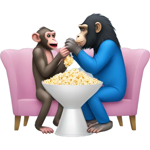 Pink baboon eating popcorn with a blue chimpanzee emoji