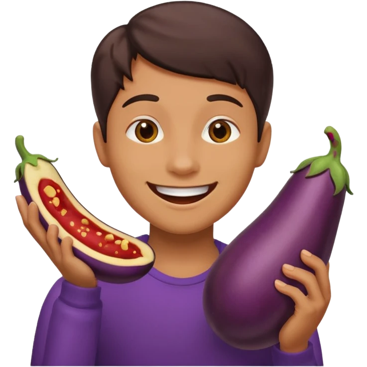 smiley qui se mord les levre avec une aubergine dans les main emoji