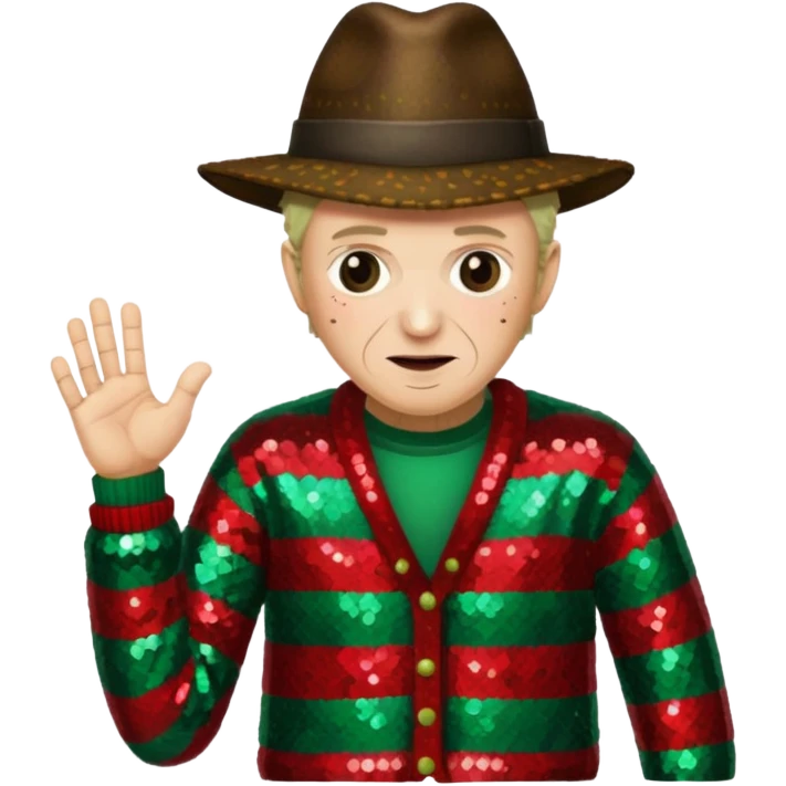 Freddy Krueger with red and green stripe sequin sweater, dark brown sequin jacket and hat emoji