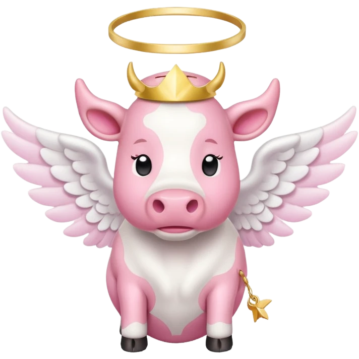 pink cow with angel wings and a halo emoji