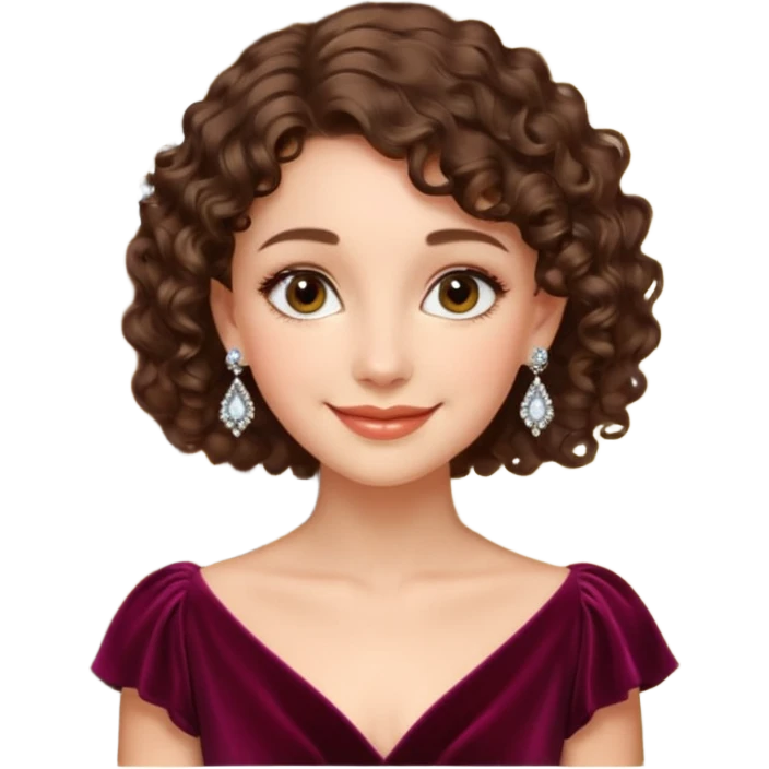 young elegant lady, short curly brown hair, velvet dress, chandelier earrings, gentle expression emoji