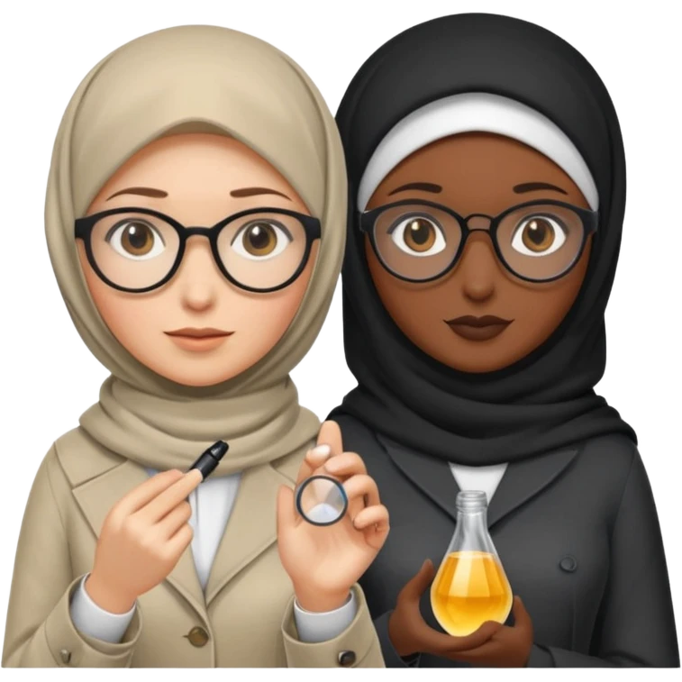 one white woman with hijab and glasses detective + one black woman without hijab and glasses detective  hand lens in one hand, hat etc emoji