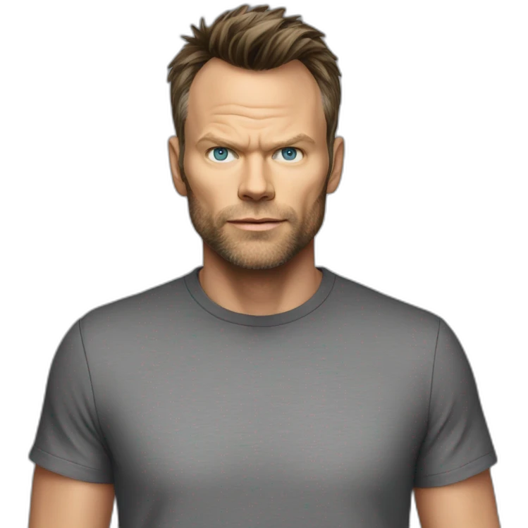 Joel McHale black t-shirt gray eyes emoji