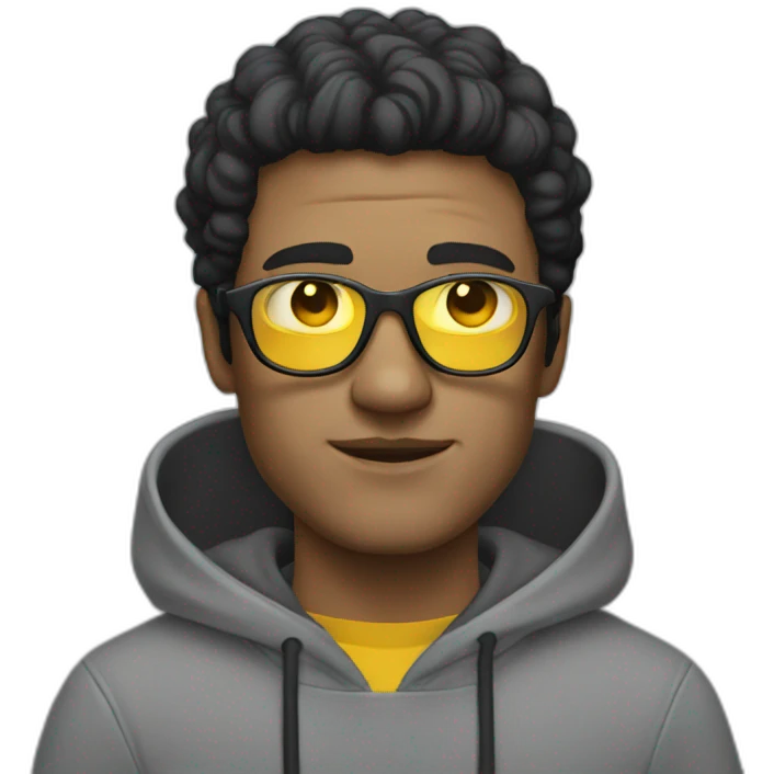 White man with yellow tinted glasses and black hair in a gray hoodie emoji