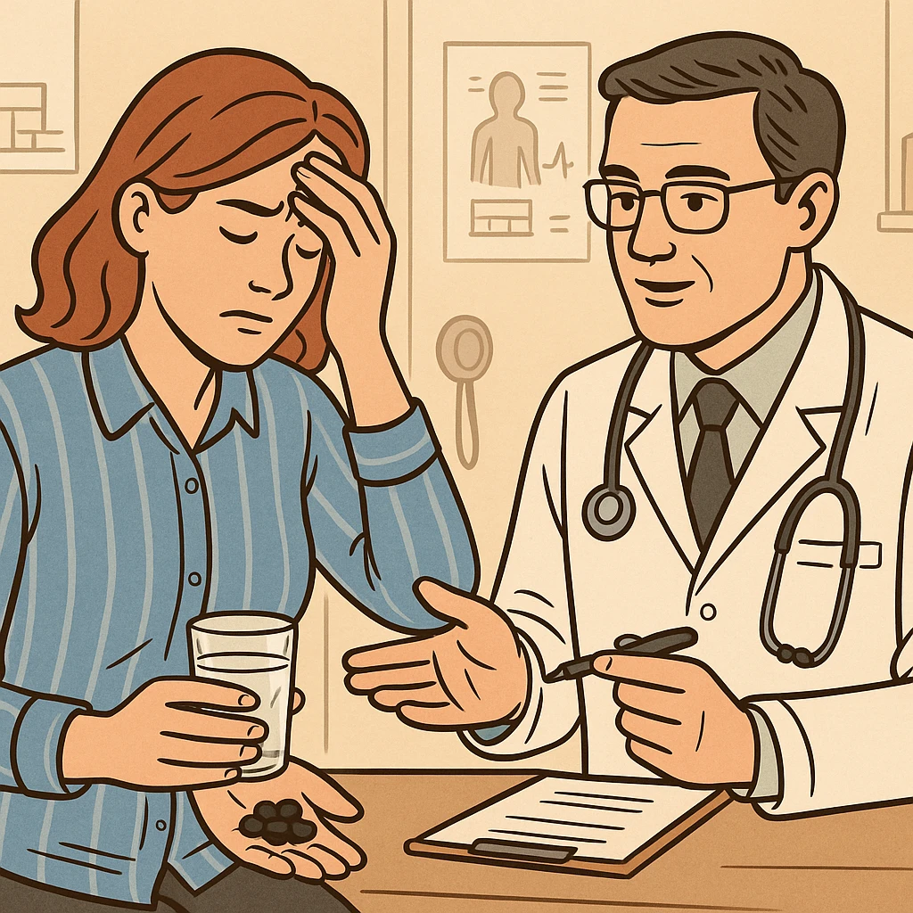 A realistic or illustrative style image of a doctor in a white coat prescribing medicine to a woman holding her stomach or head in pain. The woman holds pills and a glass of water. The background is a clinic room, inspired by the reference image. emoji