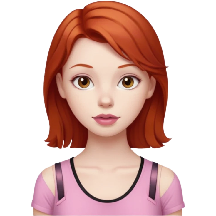 Redhead girl with deep brown eyes, pale skin with light red lips wearing a pink strap shirt emoji