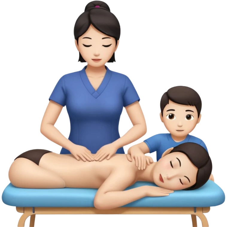 Large breasted asian woman gives a massage to a boy on a massage table emoji