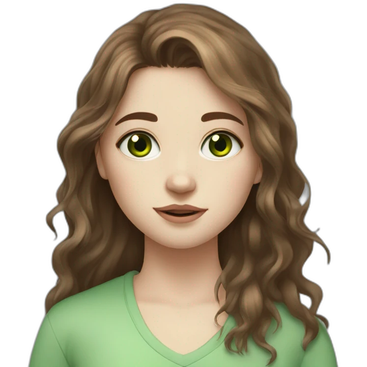 Messy long brown haired girl with green eyes, pale skin and little birthmark on neck emoji