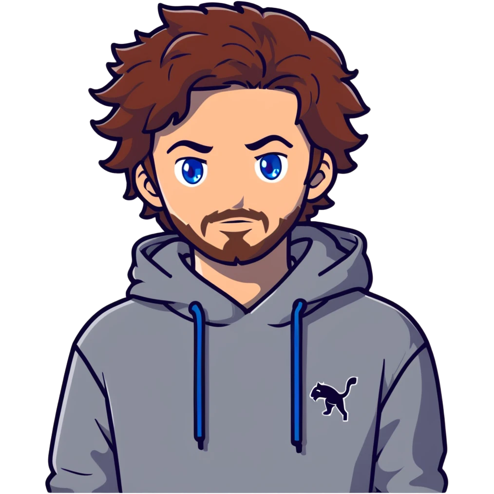 Adult male with blue eyes and redish brownish messy hair and trimmed facial hair wearing a gray puma hoodie emoji
