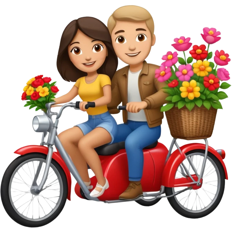 Latina girl with russian man riding a two seater bike with flowers  emoji