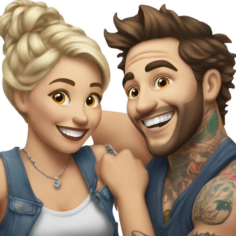 Hyper Realistic beautiful woman in the arms of a very handsome tattooed man laughing  emoji