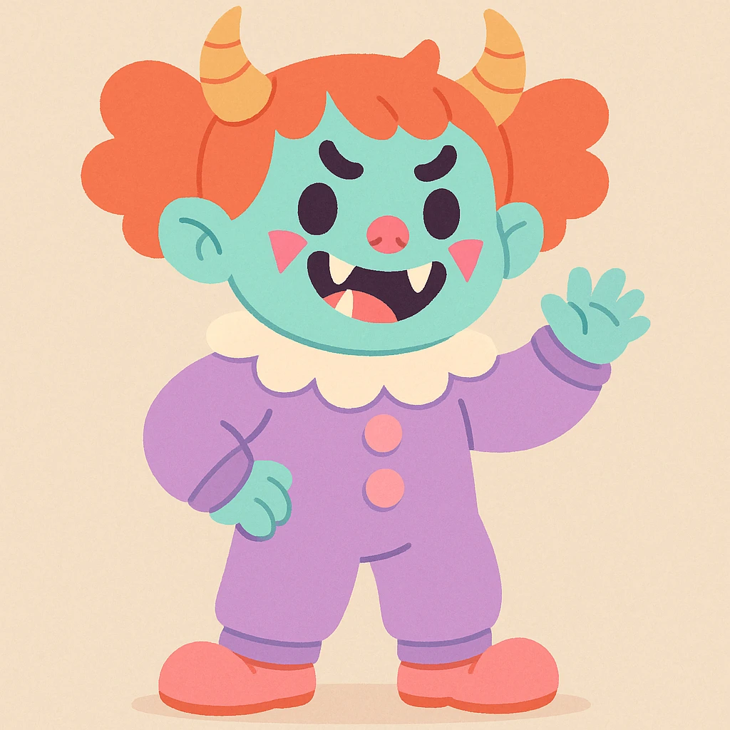 child demonic clown with horns and fangs, playful pastel color style emoji