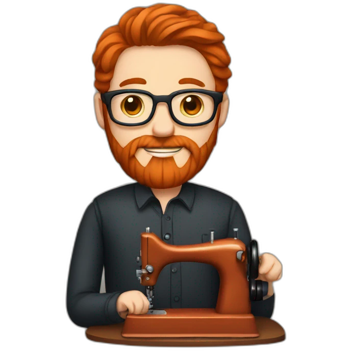Red smooth haired man with beard and glasses hand sewing a saddle emoji