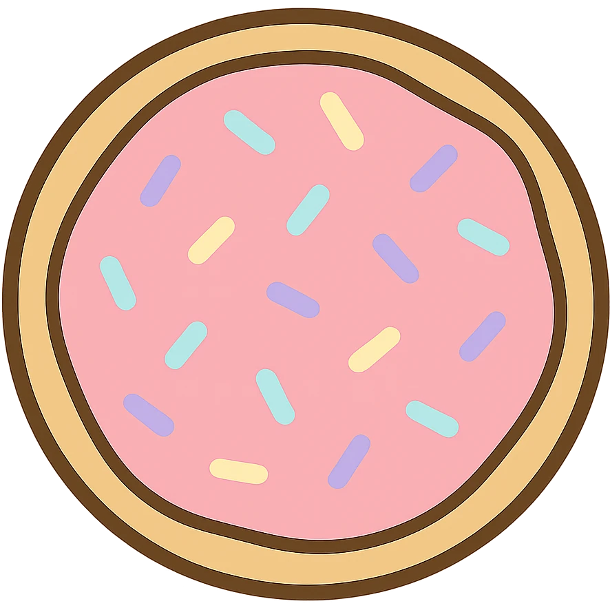 flat toon sugar cookie with pink icing and pastel sprinkles emoji