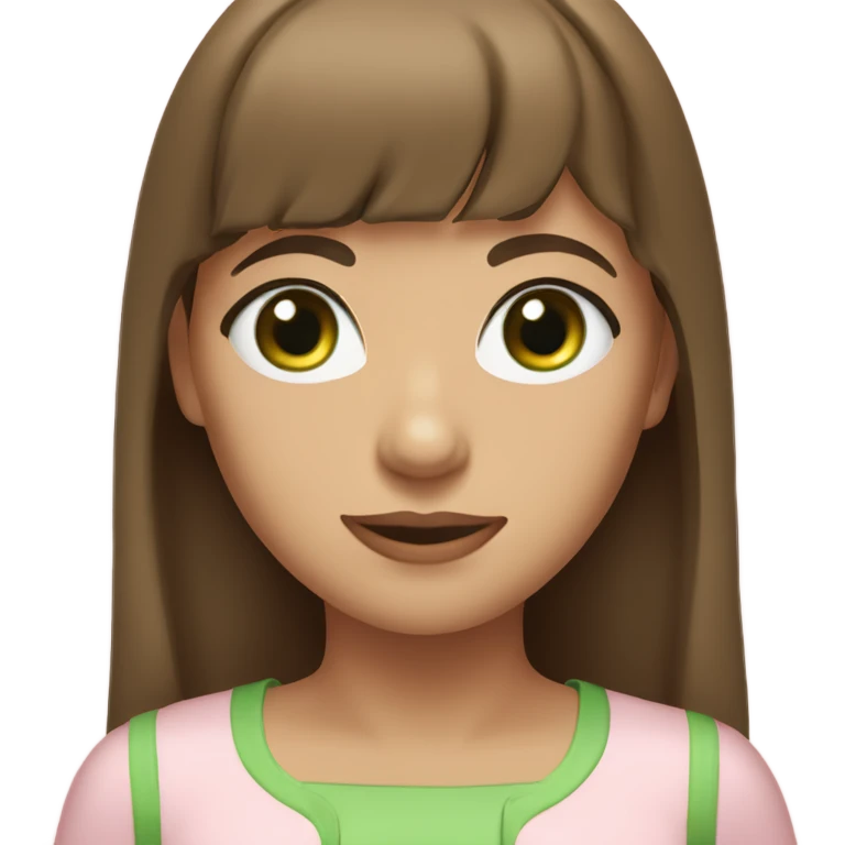  a young woman with a confident and kind expression, long brown hair with bangs, and green eyes. She is wearing a light pink outfit  emoji