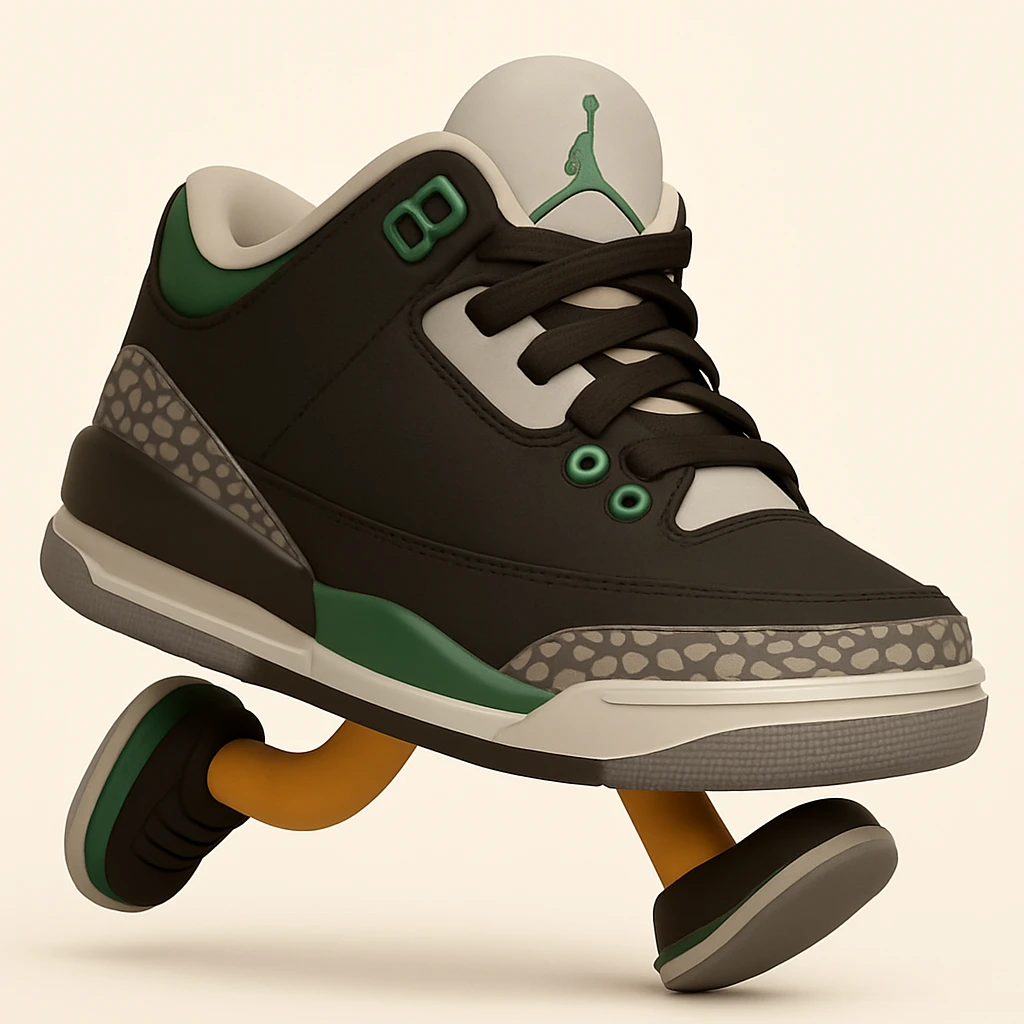 Create a sneaker character with no face, arms and legs, in a running pose, inspired by 3D emoji style. The style should reflect the look of Microsoft style 3D fluent emojis, focusing on the sneaker character's dynamic running pose. emoji