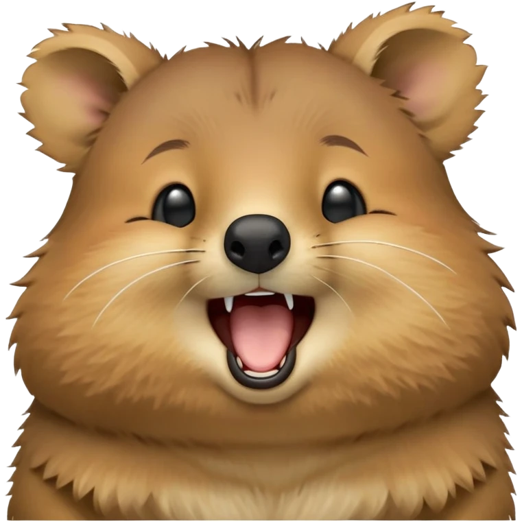 cinematic-realistic  yawning quokka-emoji,-small-round-frame, head tilted in an endearing manner, wouth wide open yawning, sleepy comical smile, round cheeks, giant-fluffy-cheeks-large-smile-fluffy-brown-fur-radiating-a-warm-softness,-big-round-eyes-filled-with-joy, realistic round  fluffy zoomed in, large black eyes one paw raised in the air emoji