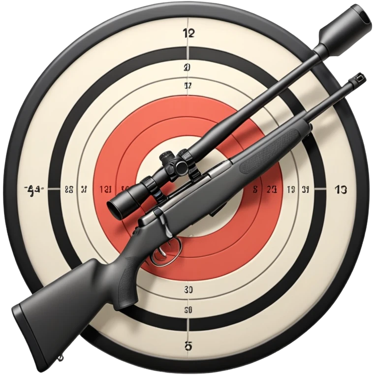A detailed image of a rifle aimed at a target, with the target's concentric rings clearly visible. The focus is on the precision and accuracy of the sport, with the rifle positioned in front of a neutral background, emphasizing the equipment and the competitive nature of shooting. emoji