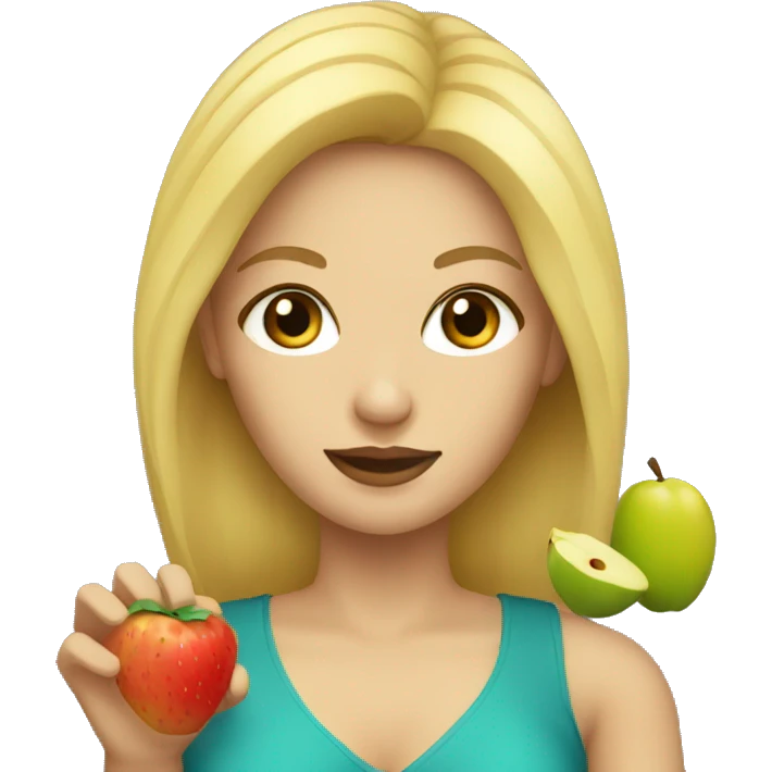 a blonde woman with black eyes holding fruit emoji