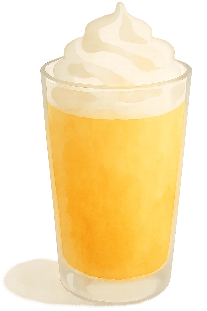 a transparent glass with mango juice gradient from dark to light and whipped cream, watercolor style emoji